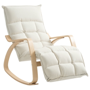 HOMCOM Fauteuil à bascule avec repose-pieds ajustable, rocking chair avec pieds en bois de bouleau, 67 x 106-123 x 92 cm, crème