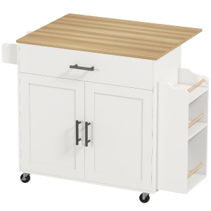 HOMCOM Ilha de cozinha, carrinho de cozinha com rodas, com tampo rebatível, gaveta, prateleira, 120 x 68 x 85 cm, Branco