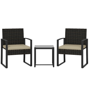 Outsunny Salon de jardin extérieur en résine tressée 2 personnes, table de jardin avec 2 chaises, plateau en verre trempé, marron