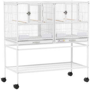 PawHut Jaula para Pájaros Grande con Divisor Ruedas 4 Comederos 4 Perchas Estante 2 Bandejas Extraíbles 95x45,5x102 cm Blanco