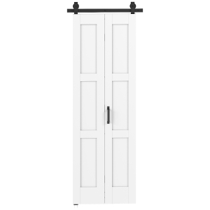 HOMCOM Porta Scorrevole Pieghevole in Legno 71.2x213.4 cm con Binario in Acciaio, Maniglia, Guida e Ruote, Bianca e Nera