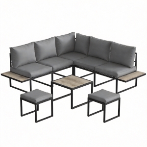 Outsunny Salon de jardin extérieur 6 personnes modulable table basse et plateaux latéraux en bois PSPC coussins épais 10cm gris