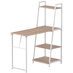 HOMCOM Schreibtisch klappbar mit 4 Tier Bücherregal, Computertisch, Bürotisch, E1 Spanplatte, Metallrahmen, Natur+Weiß, 106 x 48 x 128 cm