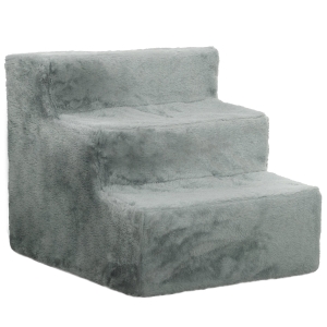 PawHut Faltbare Haustiertreppe, 3 Stufen, waschbarer Plüschbezug, Spanplatte, 46 x 35 x 35 cm, Hellgrau