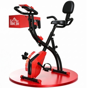 HOMCOM Cyclette Pieghevole 2 in 1, Resistenza Magnetica Regolabile 8 Livelli, Cyclette da Casa Silenziosa con Sensore Cardiaco, Sedile Regolabile, Bande Elastici, Schermo LCD, Ruote, Rosso