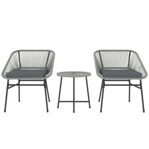 Outsunny 3 Pieces Rattan Bistro Set, Wicker Small Garden Table and Chairs Set with Cushions and Glass Top Coffee Table, Bistro Garden Furniture Set for Outdoor, Patio, Balcony, Light Grey