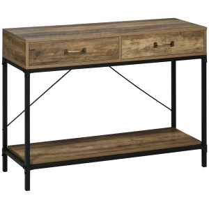 HOMCOM Mesa de Consola Industrial Mesa de Sofá con 2 Cajones y Estante para Recibidor con Patas de Metal Marrón y Negro