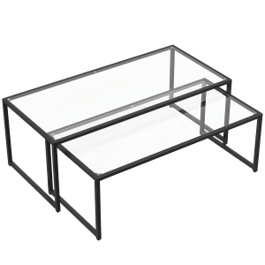 HOMCOM 2er-Set Couchtische, Glastische, mit pulverbeschichtetem Stahl, Schwarz + Transparent