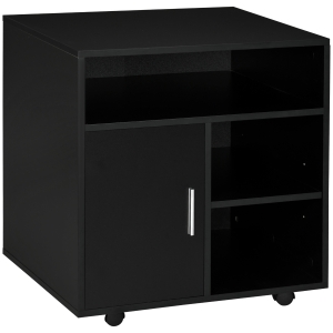 HOMCOM Mobile Porta Stampante a Rotelle con Armadietto e 3 Ripiani Aperti, in Legno, 60x50x65.5 cm, Nero