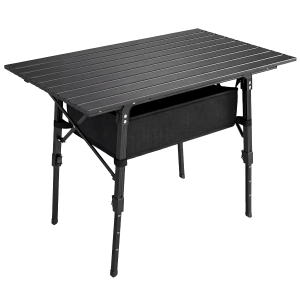 Outsunny Folding Camping Table, 90 x 55 cm Height Adjustable Portable Collapsible Table, 3ft Lightweight Aluminium Rollup Picnic Table with Storage Basket for Outdoor Garden Party BBQ, Black