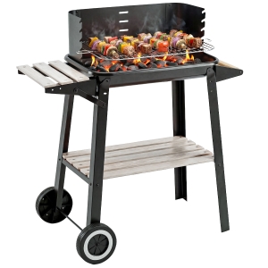 Outsunny Barbacoa de Carbón Vegetal BBQ con Altura de Parrilla Ajustable Estantes y Ruedas para Exterior 83x46x87 cm Negro