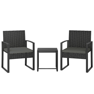 Outsunny Rattan Bistro Set, 3 Piece Garden Furniture Set with Glass Top Table and Cushions, Dark Grey
