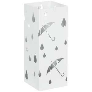 HOMCOM Paragüero Blanco Paragüero de Acero con 4 Ganchos y Bandeja de Goteo Extraíble para Pasillo Entrada 15,5x15,5x41 cm