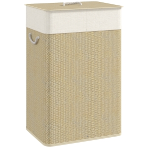 HOMCOM Bamboe Wasmand met Deksel 72L, Wasverzamelaar met Bamboegrepen en Uitneembare Waszak, Naturel