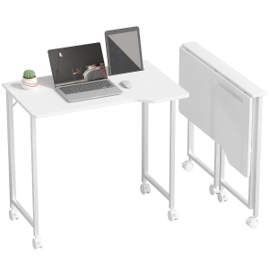 HOMCOM Bureau, inklapbaar computerbureau, ruimtebesparend bureautafel met wielen en apparaatsleuf, 80 x 52 x 75 cm, wit