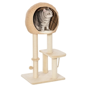 PawHut Cat Tree for Indoor Cats 100cm Kitten Climbing Tower Activity Center with Sisal Scratching Post Condo Perch Hanging Balls Teasing Rope Toy Cushion