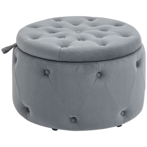 HOMCOM Poef, rond, met opbergruimte, doorgestikt ontwerp met knopen, bekleding in fluwelen uiterlijk, grijs, 60 x 60 x 40 cm