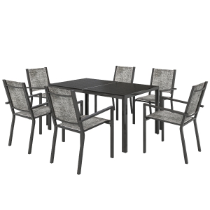 Outsunny Table de jardin extérieure avec 6 chaises empilables, plateau à lattes 150 cm, structure en acier anti-rouille, noir