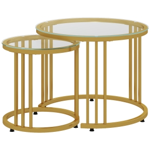 HOMCOM Round Coffee Tables Set of 2, Nesting Tables with Tempered Glass Top and Steel Frame, 60cmx60cmx47cm, Gold Tone