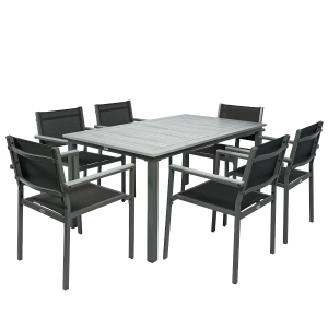 Outsunny Garden Dining Set with Acacia Wood Table Top, Outdoor Table and Stackable Chairs Set for 6 with Texteline Seat, Grey