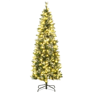 HOMCOM Brad de Craciun 180cm Artificial cu 240 Lumini LED si 618 Ramuri, Brad Acoperit cu Zapada Inalt si Ingust cu Postament din Otel
