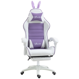 Vinsetto Sedia Gaming con Orecchie da Coniglio, Poggiapiedi, Cuscini, Reclinabile e Altezza Regolabile, Viola