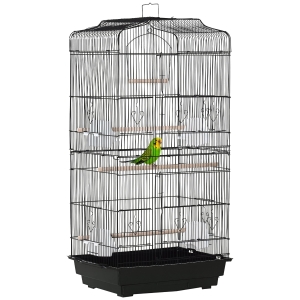 PawHut Jaula para Pájaros Pajarera de Metal con 4 Comederos 3 Perchas Columpio y Bandeja Extraíble 46,5x35,5x92 cm Negro