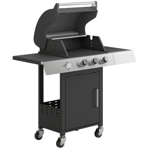 Outsunny Barbacoa de Gas con 3 Quemadores 8,1 kW Termómetro Parrillas Mesas Laterales Armario y Ruedas 109x50x109 cm Negro