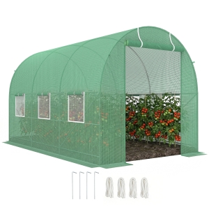 Outsunny 3.5 x 2m Walk-In Polytunnel Greenhouse, with Steel Frame, PE Cover, Roll-Up Door and 6 Windows, Green