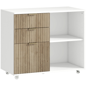HOMCOM Support d'Imprimante sur Roulettes, 3 Tiroirs, 2 Étagères Ouvertes, Design Ondulé, 80x40x68cm, Blanc Chêne