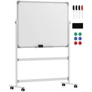 HOMCOM Dubbelzijdig Magnetisch Whiteboard met Standaard 120 x 90 cm – Droog uitwisbare Magnetische Bord met Pennenbakje en Aluminium Frame, Draaibaar en Verrijdbaar voor Kantoor en Thuis