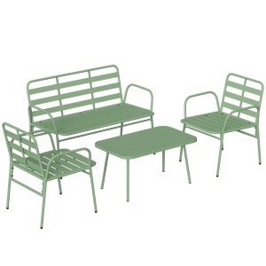 Outsunny Salon de Jardin Extérieur en Acier 4 Pièces, Canapé 2 Places, 2 Fauteuils, Table Basse, à Lattes, 112x60x75cm, Vert