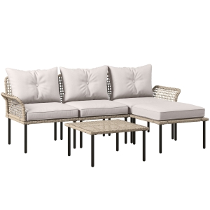 Outsunny Conjunto de Jardín de Ratán Sintético con Sofá de Exterior de 4 Módulos y 1 Mesa de Centro y Cojines Crema