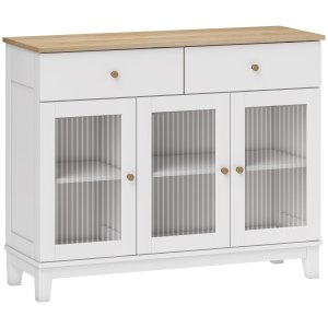 HOMCOM Credenza Cucina con 2 Cassetti e 2 Armadietti con Ante in Vetro, in Legno, 100x35x80.3 cm, Bianco e Rovere