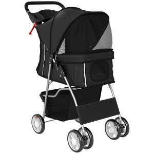 PawHut Passeggino per Cani Pieghevole con Cestino e Portabicchiere, Peso Max. 10 kg, 77x44x102 cm, Nero
