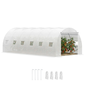Outsunny Invernadero de Túnel 6x3x2 m Invernadero de Jardín con Puerta Enrollable 12 Ventanas Cubierta de PE 140 g/m² y Metal Galvanizado para Cultivos Plantas Verduras Blanco