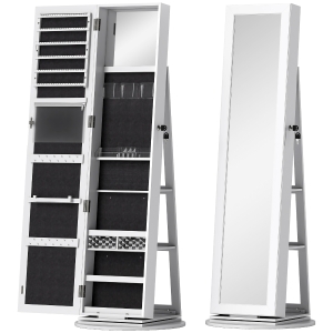 HOMCOM Specchio Portagioie 3 in 1 Girevole a 360°, Ripiani Posteriori e Anta con Chiave, 55x55x161 cm, Bianco