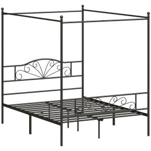 HOMCOM Canopy Bed Frame Double Size, Metal Platform Bed Frame with Headboard and Footboard, Underbed Storage, Black