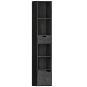 HOMCOM Bibliotecă cu 4 Rafturi Deschise, Dulap și Sertar, 30x24x158 cm, Negru