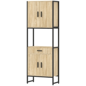HOMCOM Armário Alto de Cozinha Armário de Cozinha 4 Portas com Fecho Suave Gaveta Bancada 60x30x170 cm Madeira Natural