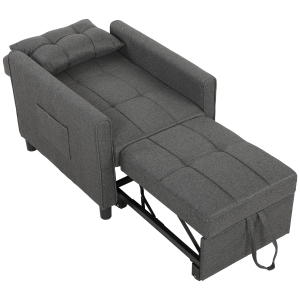 HOMCOM Poltrona Letto Singolo 3 in 1 in Tessuto Effetto Lino e Legno con Schienale Reclinabile, 69x82x85 cm, Grigio