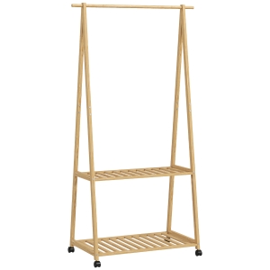 HOMCOM Cuier din Bambus cu Raft pentru Încălțăminte, 2 Cârlige, Cuier Mobil pentru Hol, Sufragerie, Natural
