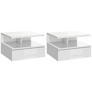 HOMCOM Set de 2 Noptiere Moderne Suspendate cu Sertar și Raft din Lemn 35x32x22,5cm, Alb Lucios