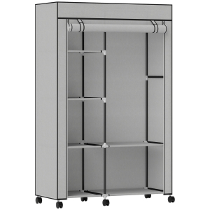 HOMCOM Armario de Tela con Ruedas Ropero Portátil con 6 Estantes y 1 Barra de Colgar para Dormitorio 103x43x162,5 cm Gris