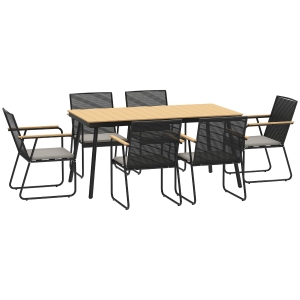Outsunny 6‑Seater Garden Dining Set with Cushions, Rattan Backrest, Plastic Top, Garden Furniture Set, Natural Wood Finish