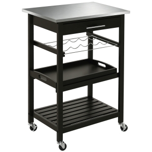 HOMCOM Chariot de Service desserte de Cuisine Table roulantes avec étagère rangement bouteille 60L x 40l x 85H cm Plateau en Acier INOX. Noir