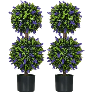 HOMCOM Set of 2 Artificial Plants, Lavender Flowers Ball Trees with Pot, for Home Indoor Outdoor Decor, 70cm