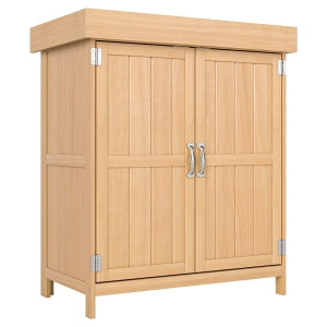Outsunny Gartenschrank Tannenholz, Geräteschuppen wetterfest 74x43x88cm, Gerätehaus mit Doppeltür, 2 Fächern, Geräteschrank, Gartenhaus Werkzeugschrank Gartenschuppen für Garten, Terrasse, Natur