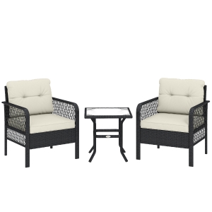 Outsunny 3 Pieces Rattan Bistro Set with Glass Top Coffee Table, Chairs and Cushions for Outdoor, Patio, Balcony, Cream