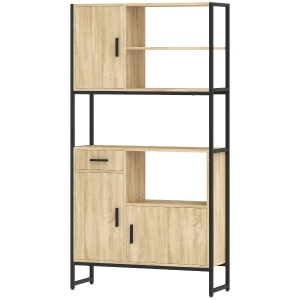 HOMCOM Aparador Alto para Cozinha Armário de Cozinha 3 Portas com Fecho Suave Gaveta Bancada Nichos Abertos Madeira Natural
